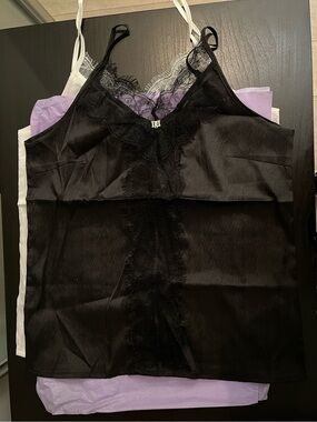 Black Lace Trim Satin Tank Top